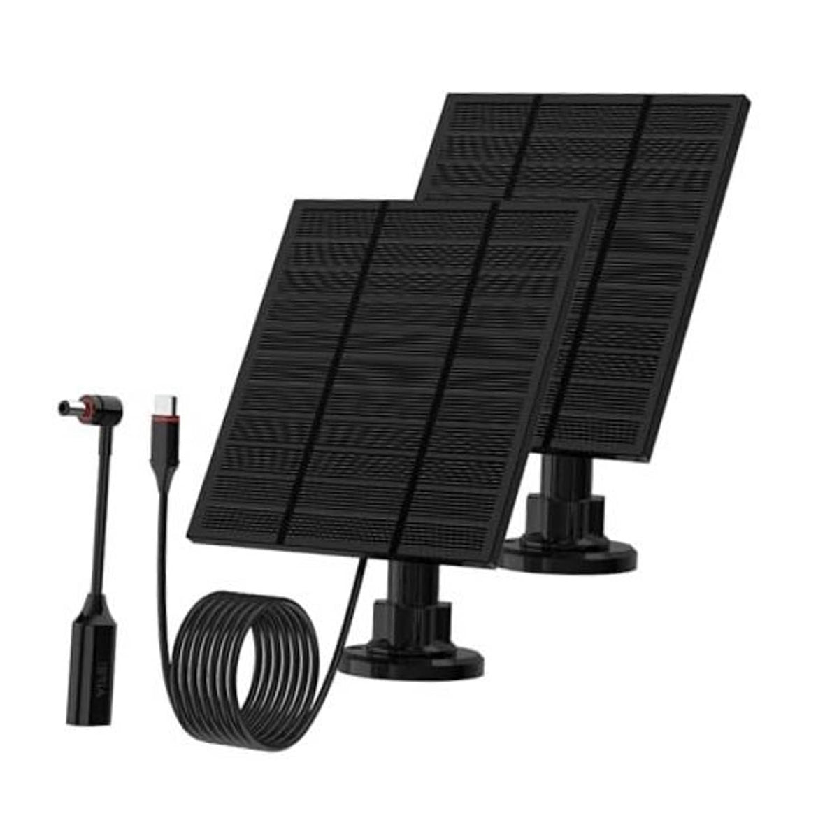 Black flexible solar panel with adjustable dual stands and coiled charging cable