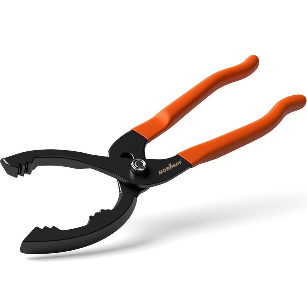 Adjustable oil filter pliers with black jaws and orange non-slip handles, 12 in.
