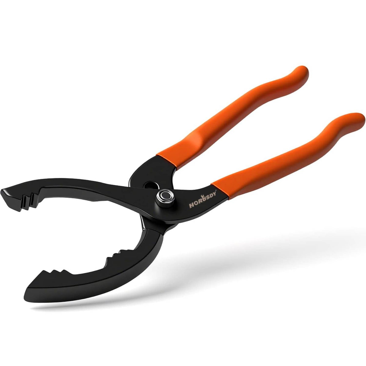 Adjustable oil filter pliers with black jaws and orange non-slip handles, 12 in.