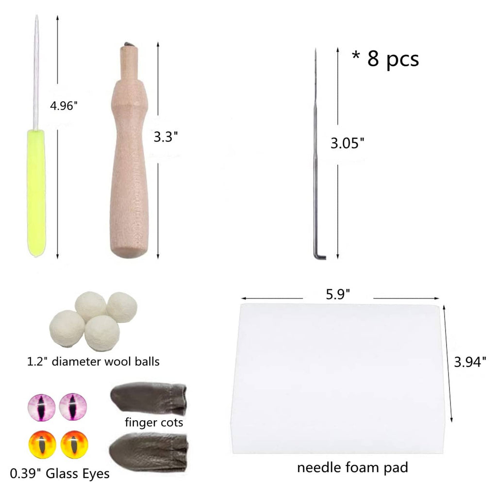 Needle felting tools set: wool balls, finger cots, glass eyes, needle foam pad, needles