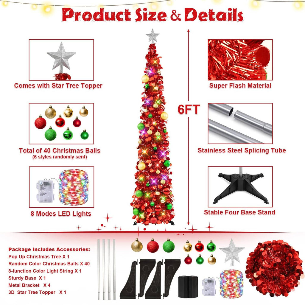 Red 6ft pop-up Christmas tree with LED lights, ornaments, star topper, and 8 lighting modes.