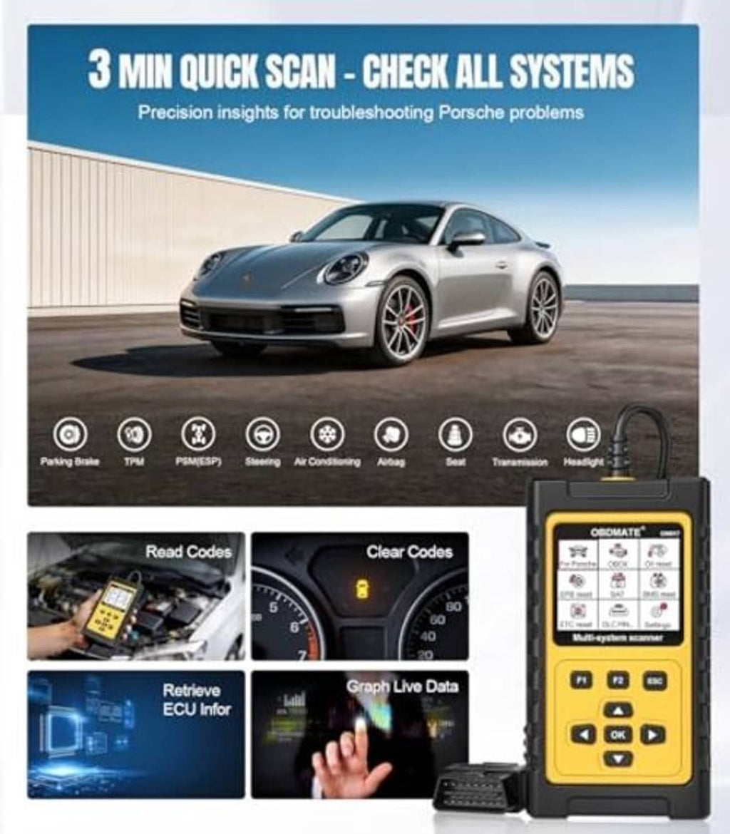 OBDMATE OMB817 OBD2 scanner with yellow interface screen and connected cable