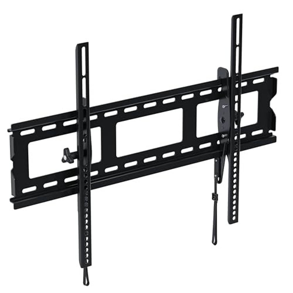 Black TV wall mount bracket with tilting arms and vertical support rails
