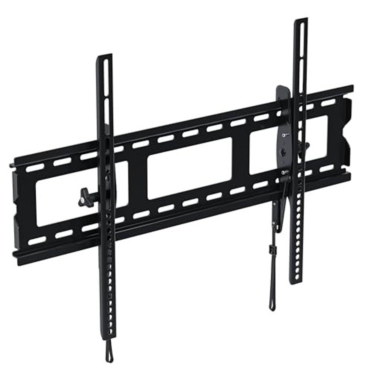 Black TV wall mount bracket with tilting arms and vertical support rails
