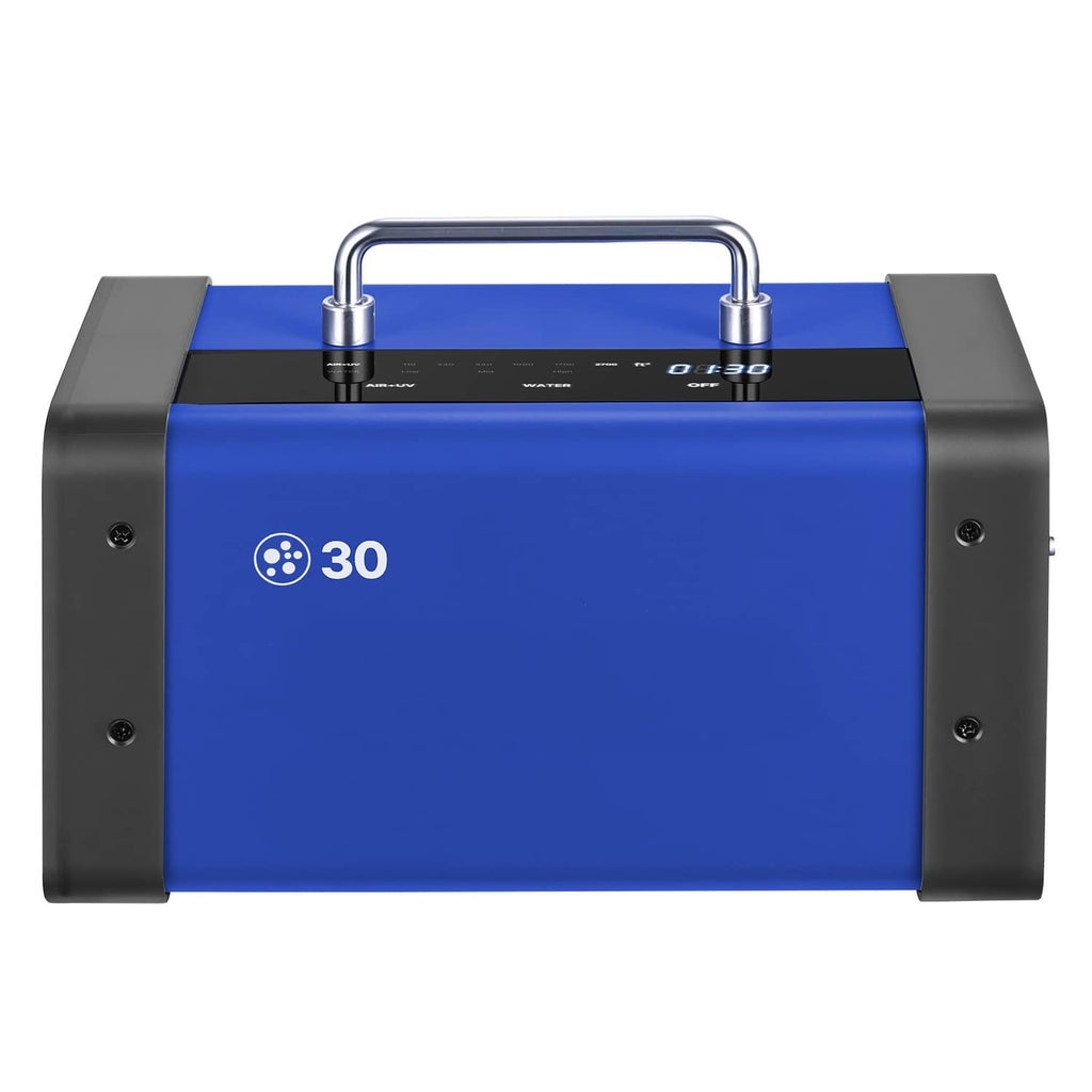 Blue and black ozone generator with carry handles and front control panel.
