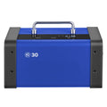 Blue and black ozone generator with carry handles and front control panel.