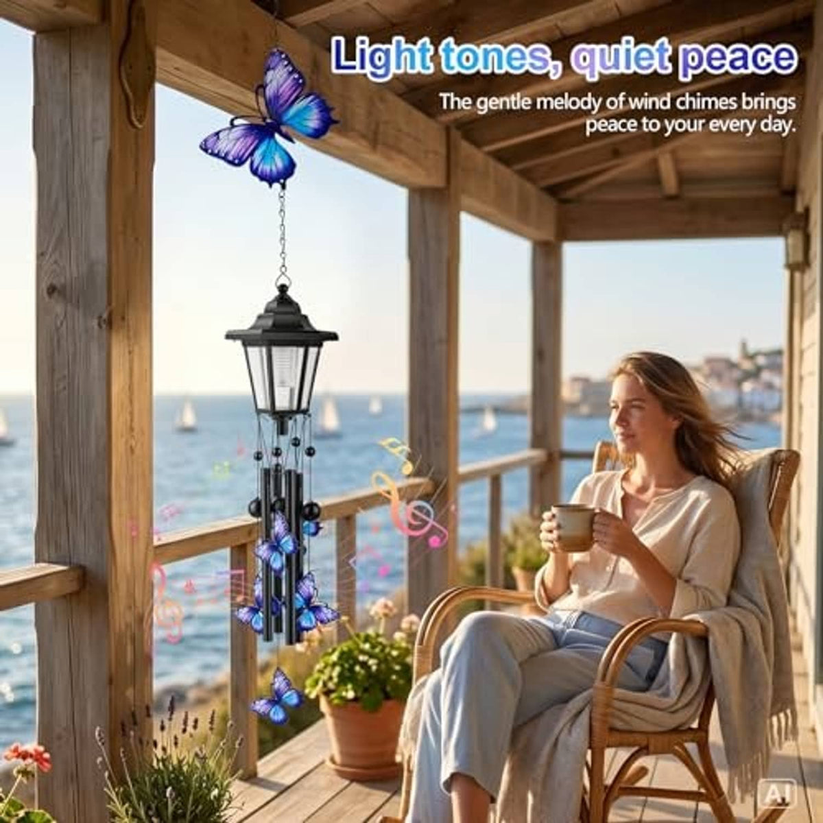 Solar wind chime lantern with blue butterflies hanging from black lantern