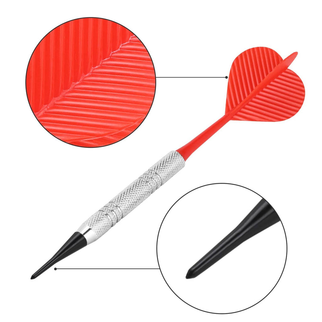 Red soft tip dart with textured silver barrel and pointed black tip