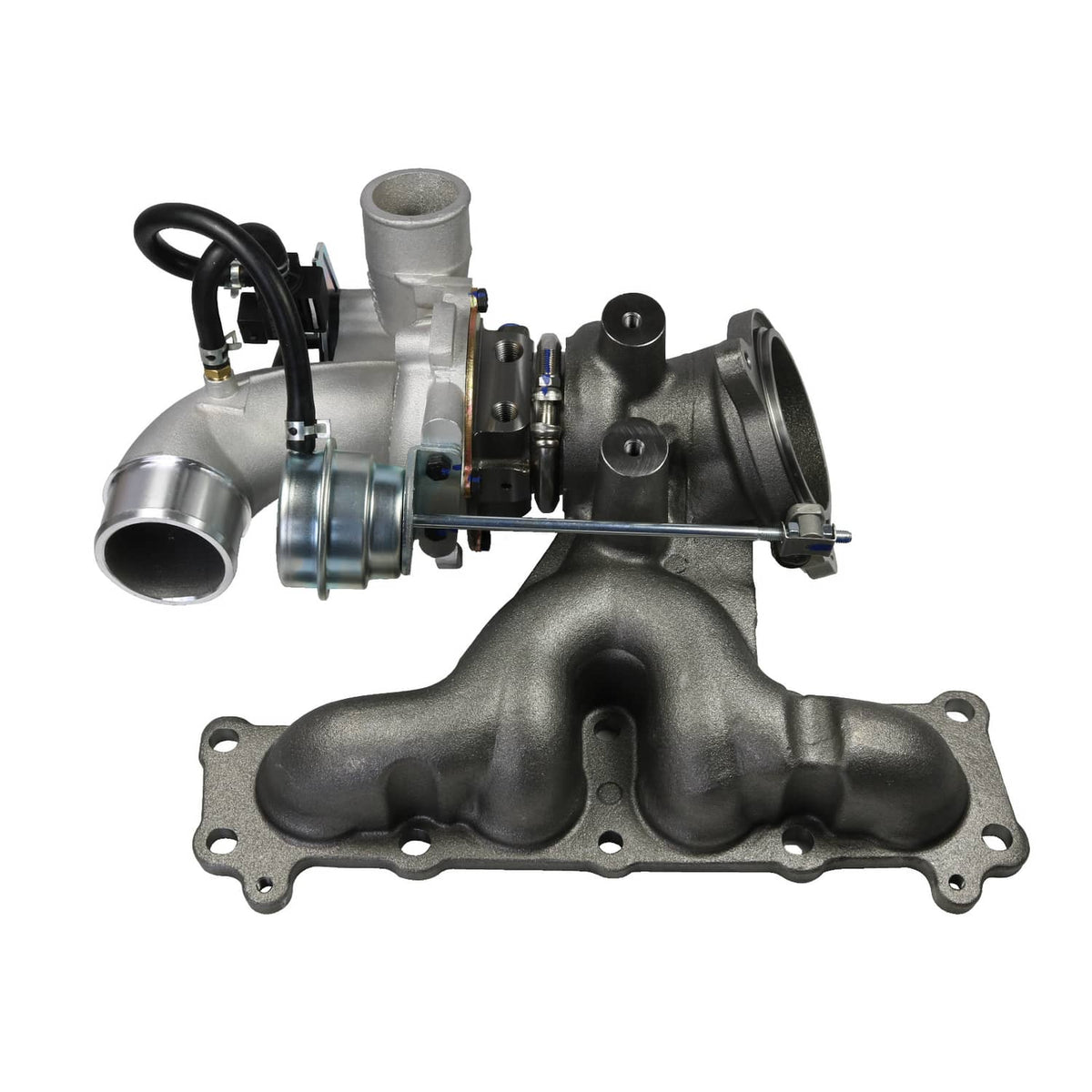 Turbocharger assembly with exhaust manifold and silver compressor housing, inlet pipe and hose.