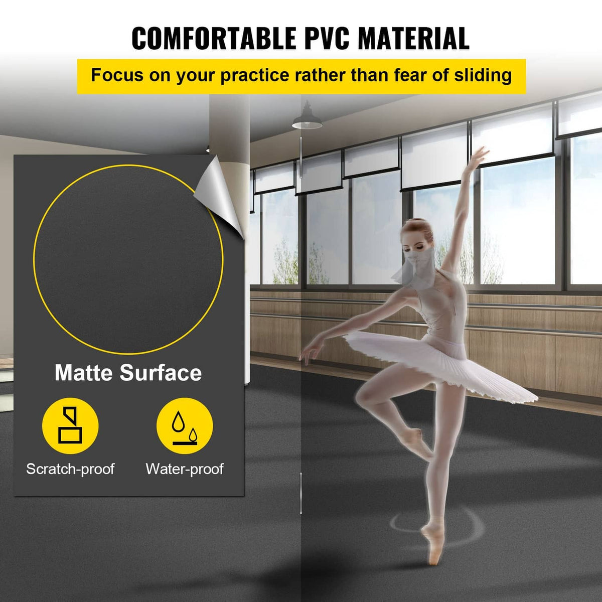 Dark gray PVC dance floor mat with matte surface look, ballet dancer on it