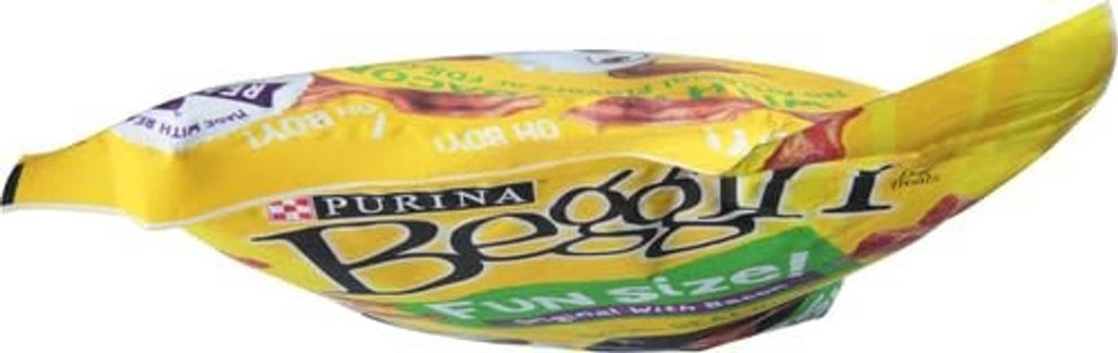 Purina Beggin dog treat pouch, yellow bag side view with logo and bacon theme
