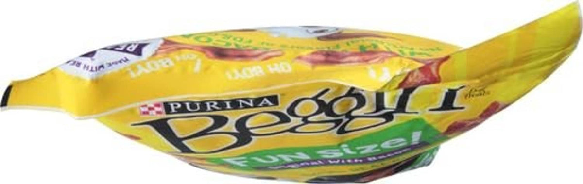 Purina Beggin dog treat pouch, yellow bag side view with logo and bacon theme
