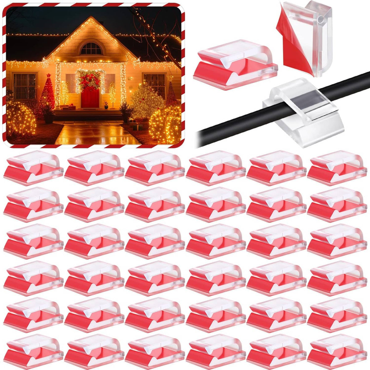 Set of red-and-clear adhesive Christmas light clips for securing small cords, 100 pack.