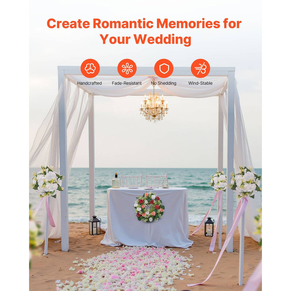 Artificial rose flower wreath ring centerpiece with red and pink roses on a table stand