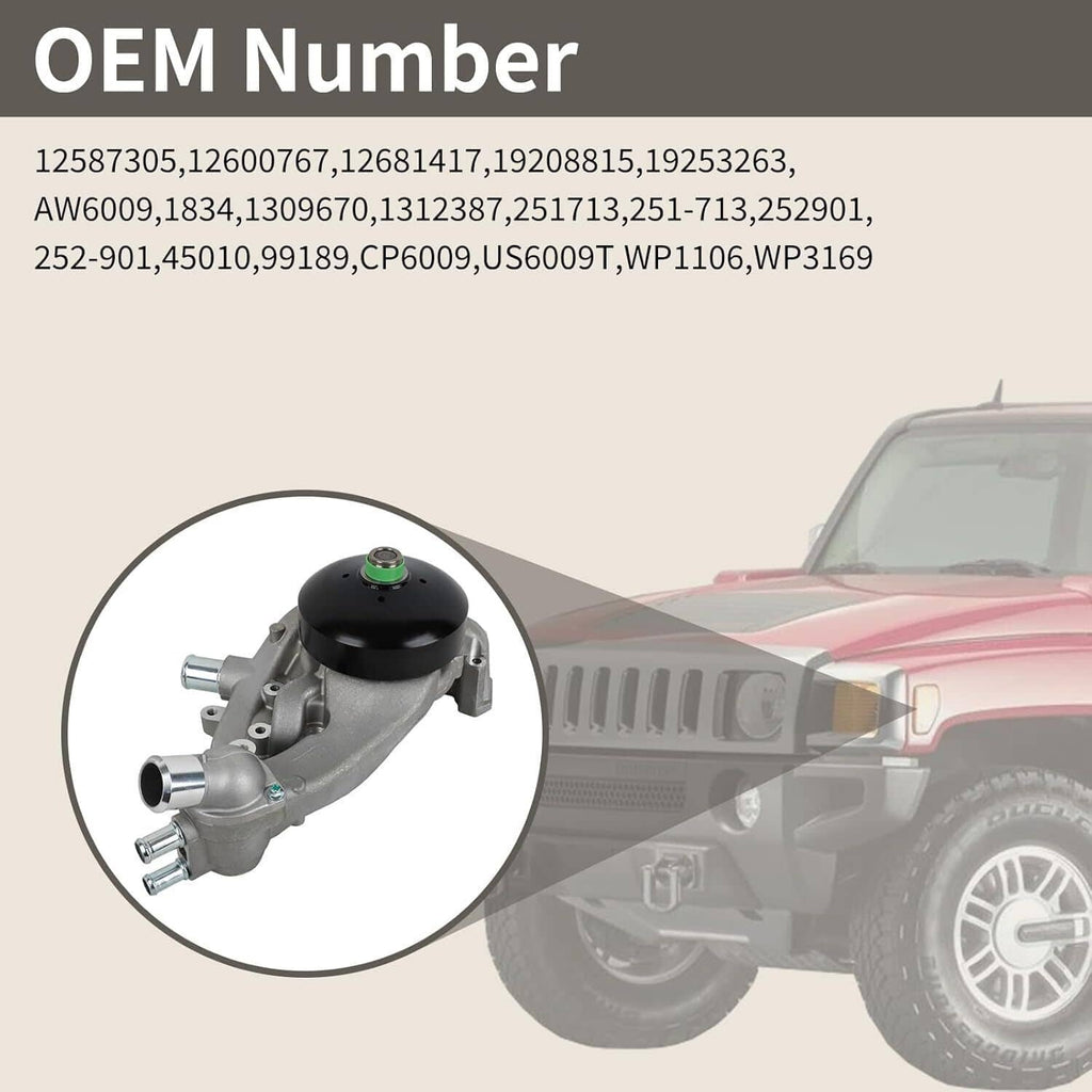 Water pump with thermostat shown with OEM listing, silver pump and black circular cover