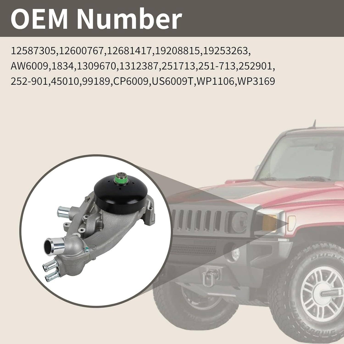 Water pump with thermostat shown with OEM listing, silver pump and black circular cover