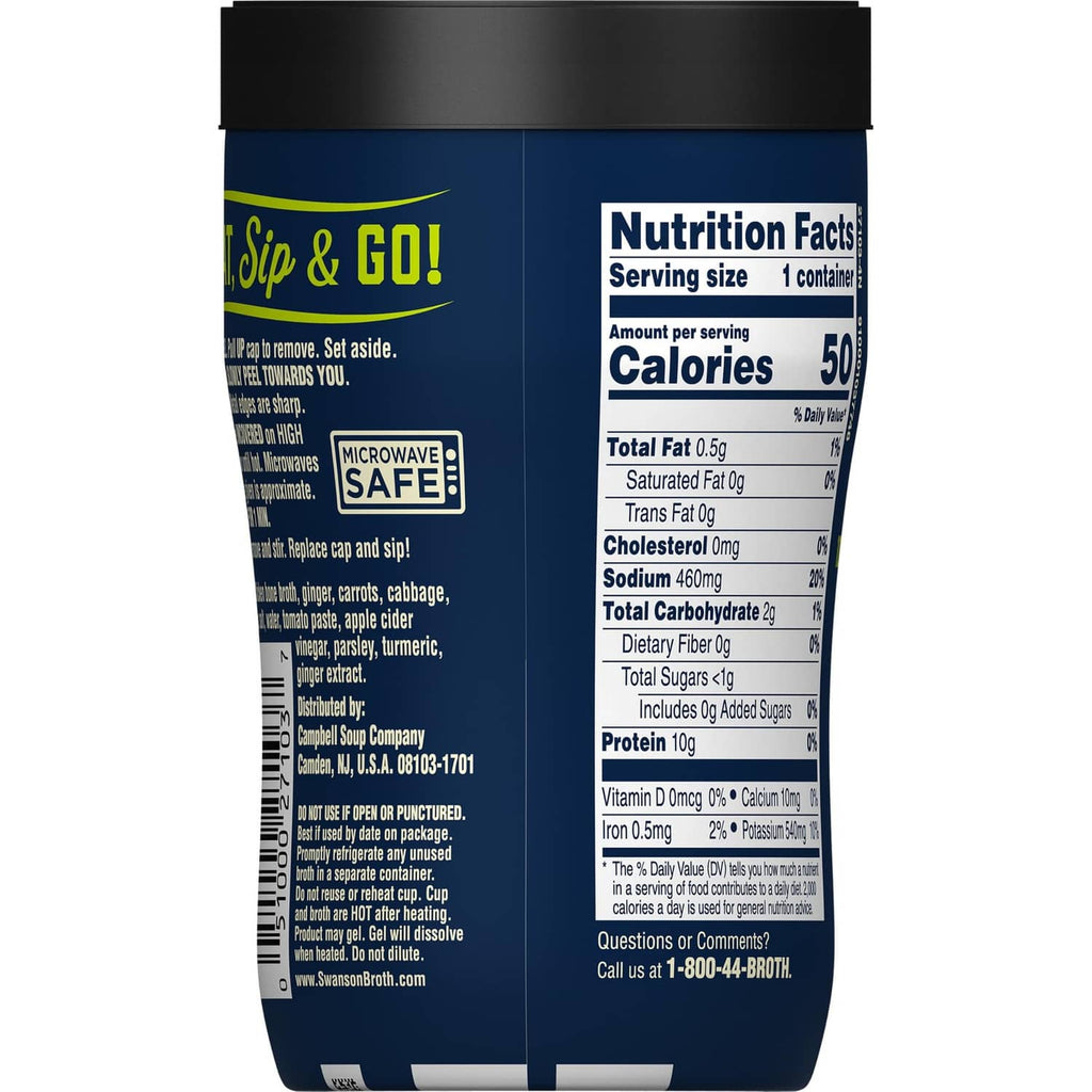 Swanson sipping bone broth container side view with nutrition facts panel