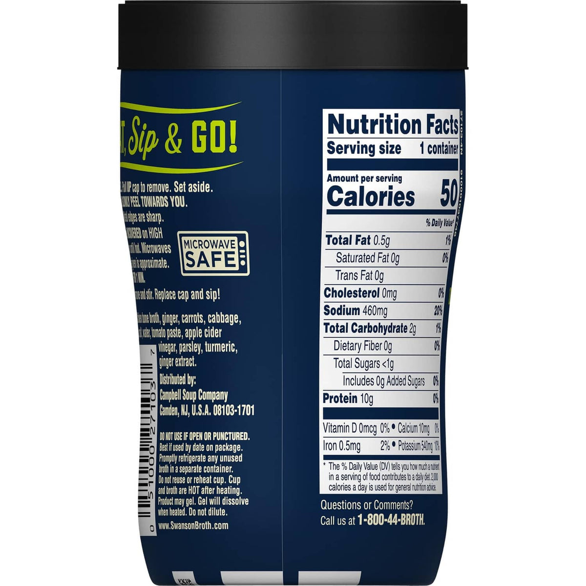Swanson sipping bone broth container side view with nutrition facts panel