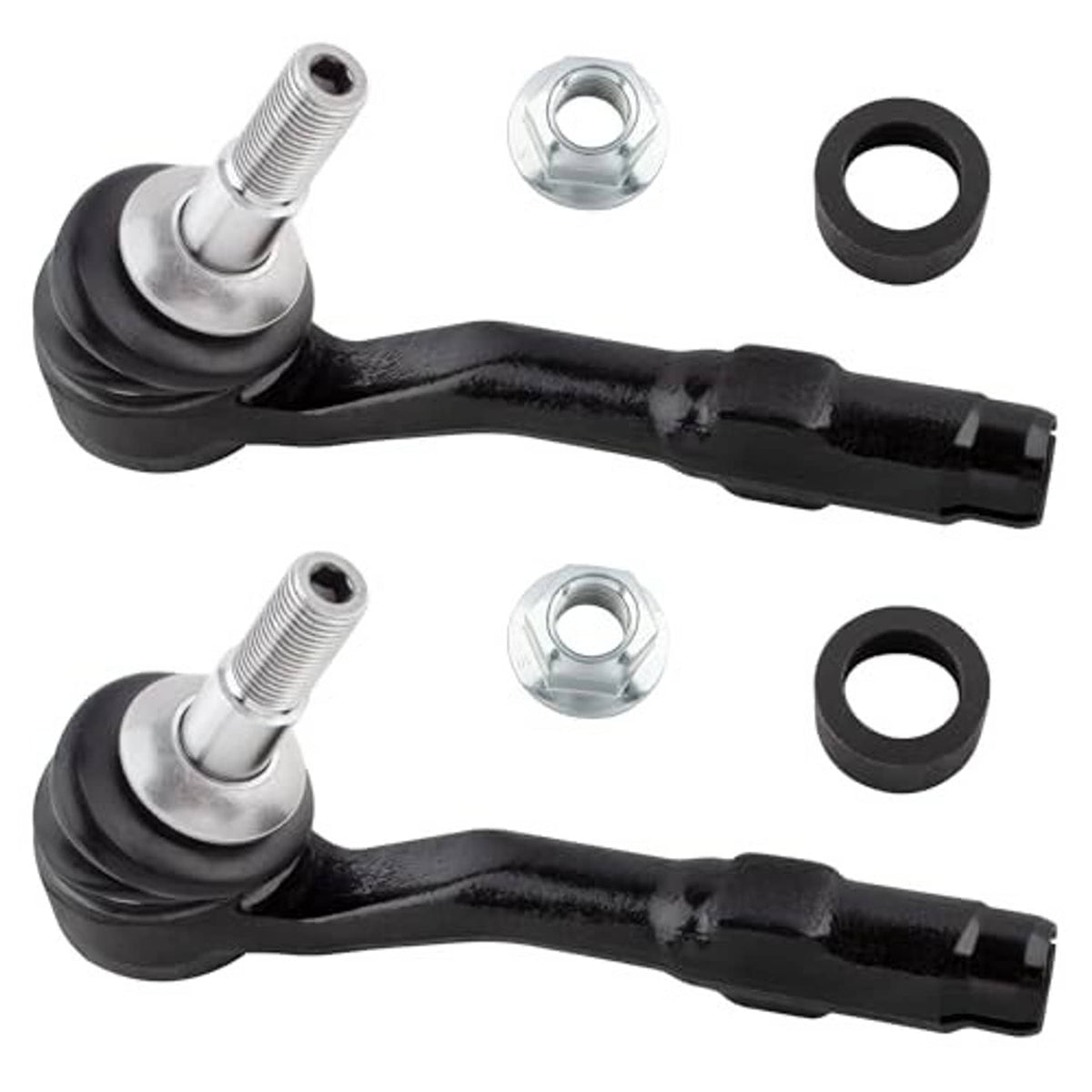 Front tie rod end with black rubber boot and silver threaded stud, plus mounting nuts