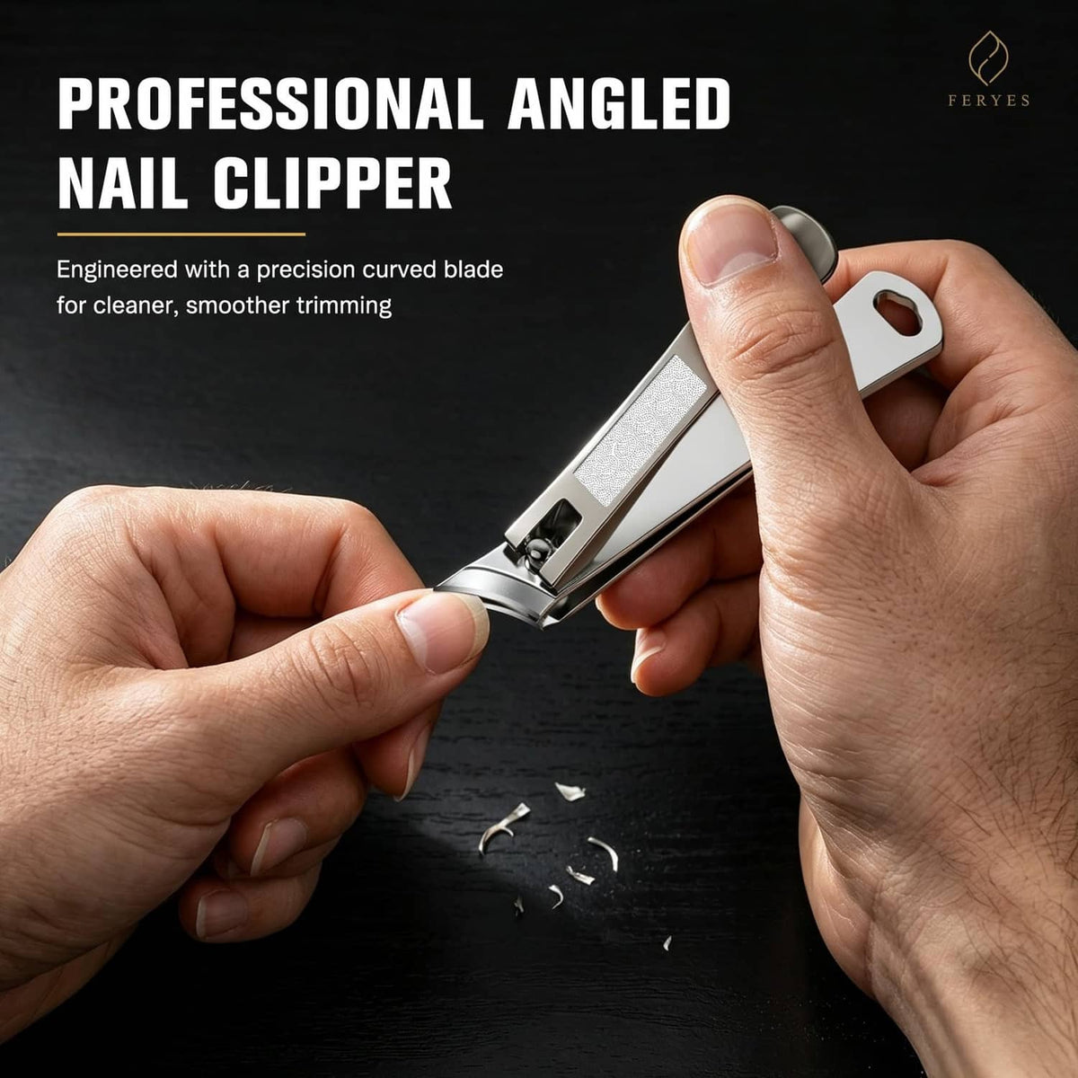 Angled ingrown toenail clipper with curved blade, held between fingers.
