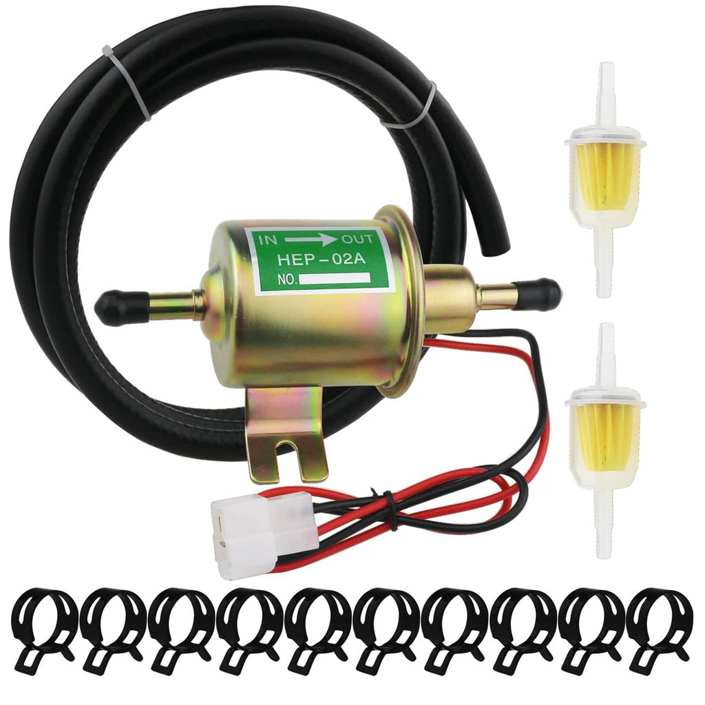 Inline electric fuel pump kit with black hose, brass pump body, and filter fittings