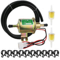 Inline electric fuel pump kit with black hose, brass pump body, and filter fittings