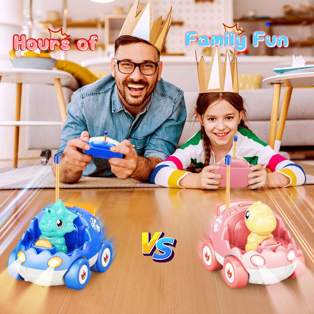 Remote control dinosaur cars set with blue and pink cars and egg controller tops