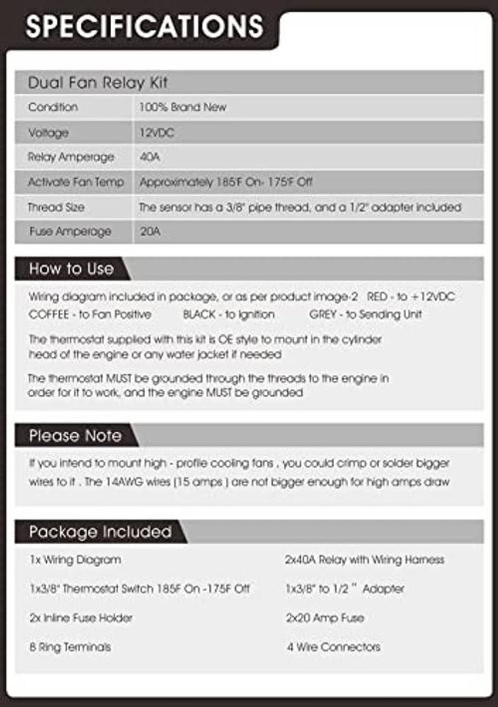 Specifications card for dual fan relay kit with amperage, wiring, and included parts