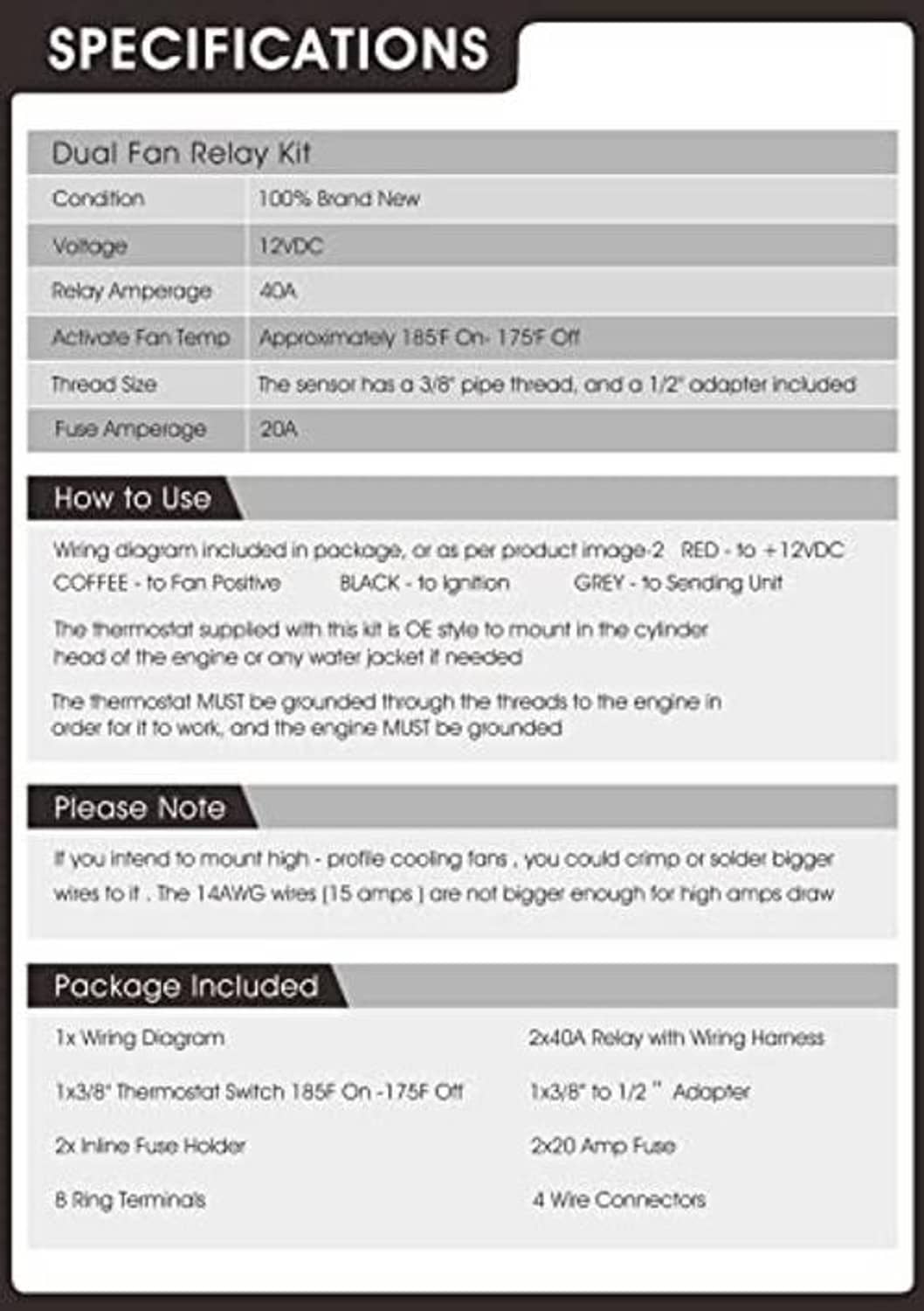 Specifications card for dual fan relay kit with amperage, wiring, and included parts