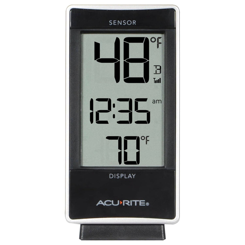 White standing digital thermometer display showing temperature readings