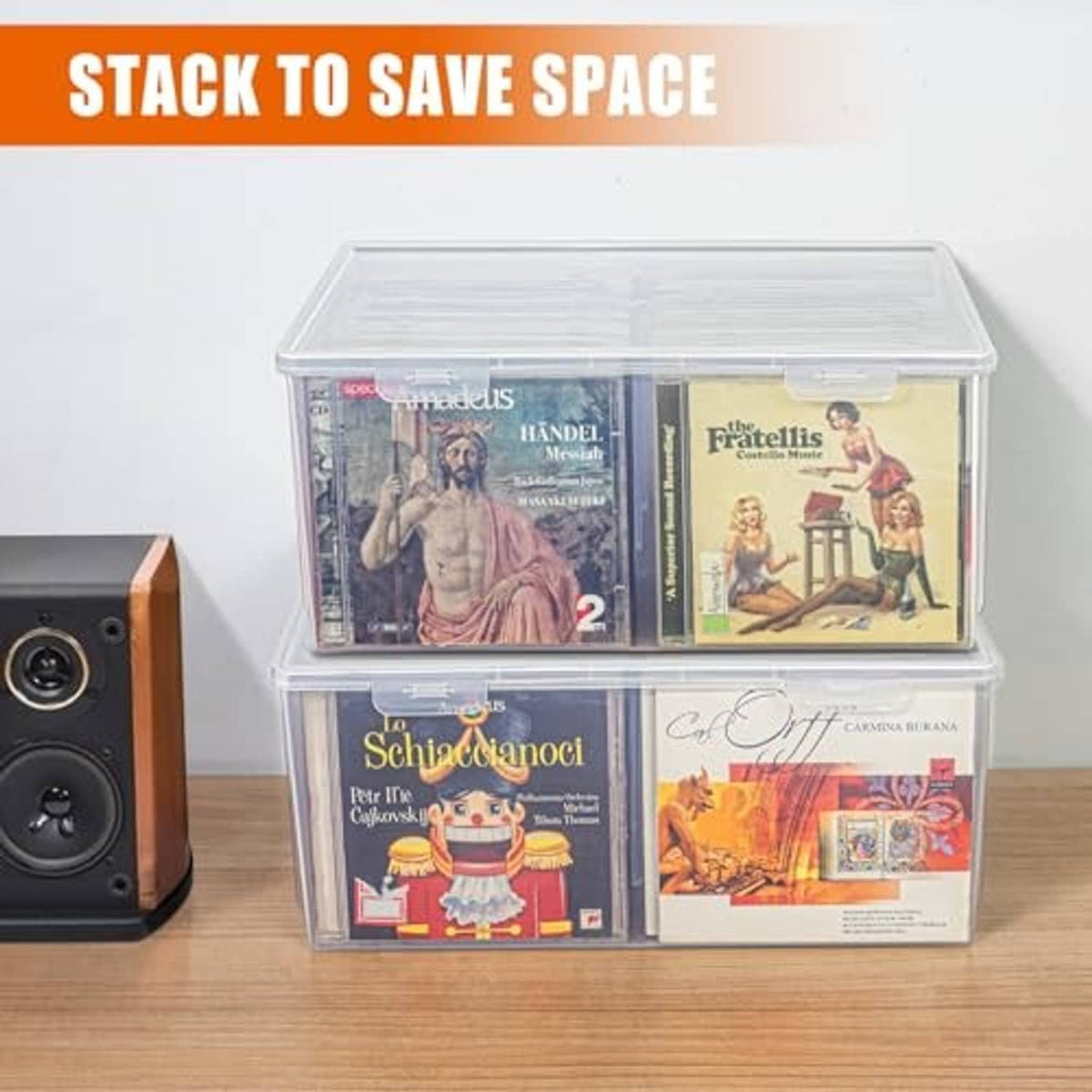 Stackable clear plastic CD organizer with two covered tiers; CDs visible through the sides