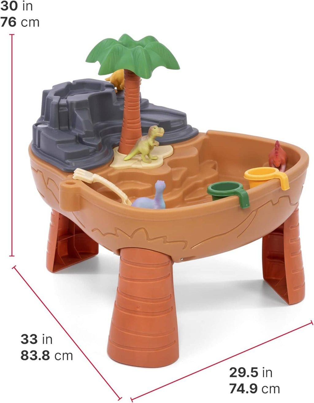 Dinosaur sand and water play table size diagram with tan basin, green palm, grey base