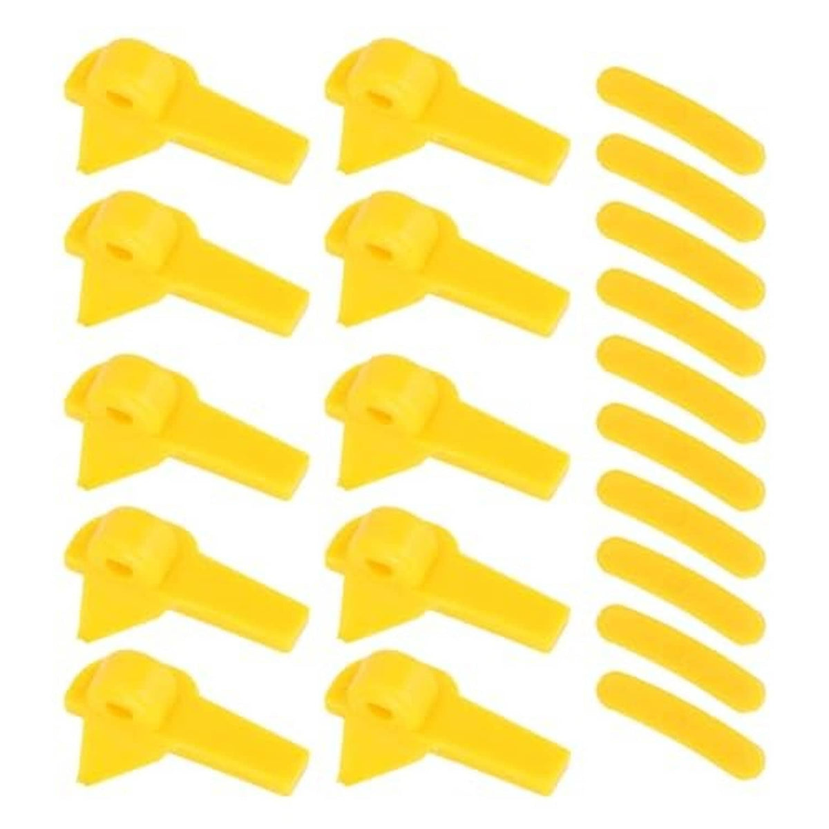 Yellow tire demount head set with pry bars and mounting clips, multiple pieces shown