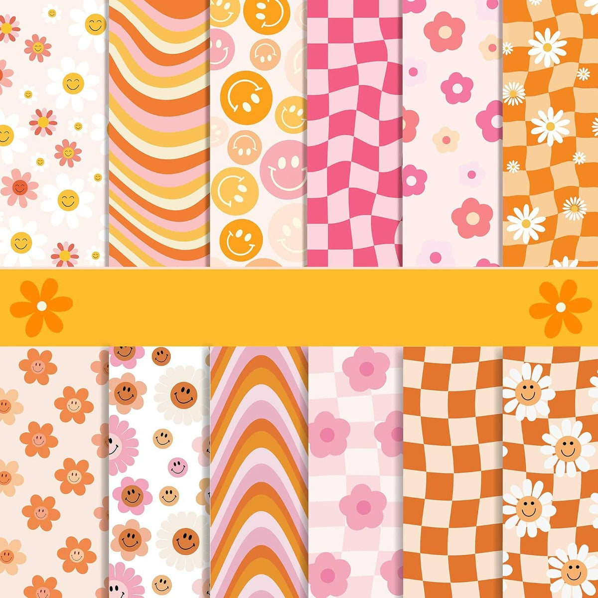 Scrapbook paper pad sheets with orange and pink stripes, checks, smiley icons, flowers