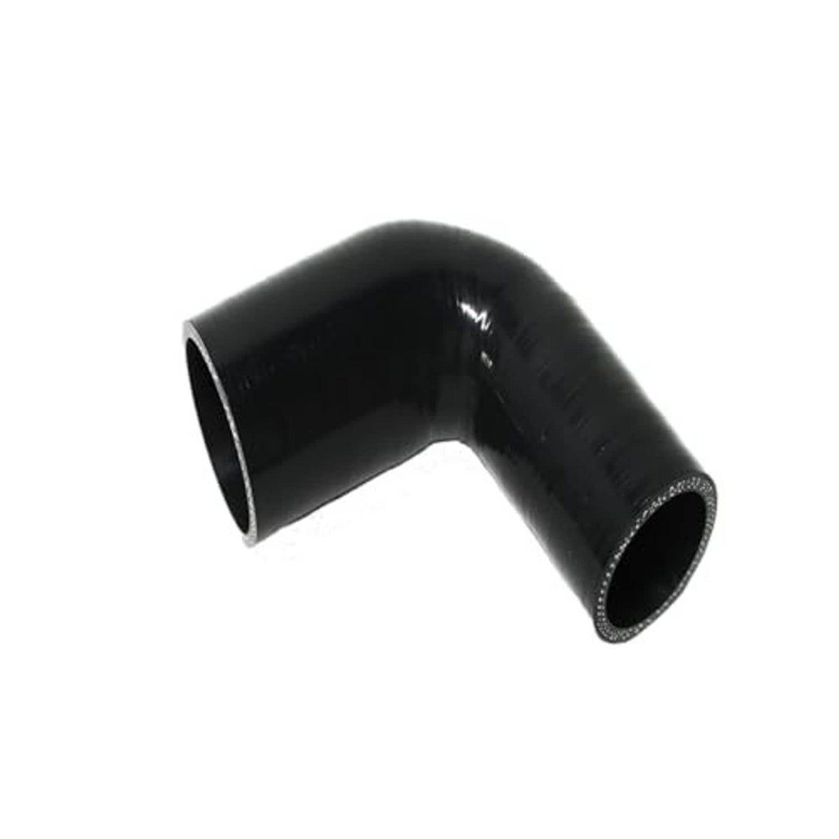 Black silicone elbow reducer hose, curved 90-degree shape with two open ends
