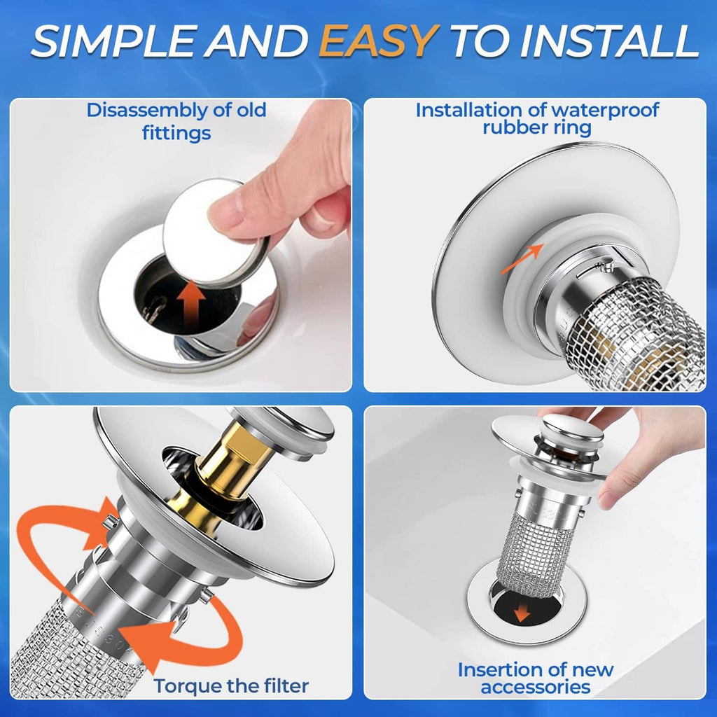 Bathroom sink drain strainer showing installation steps for chrome pop-up and mesh filter