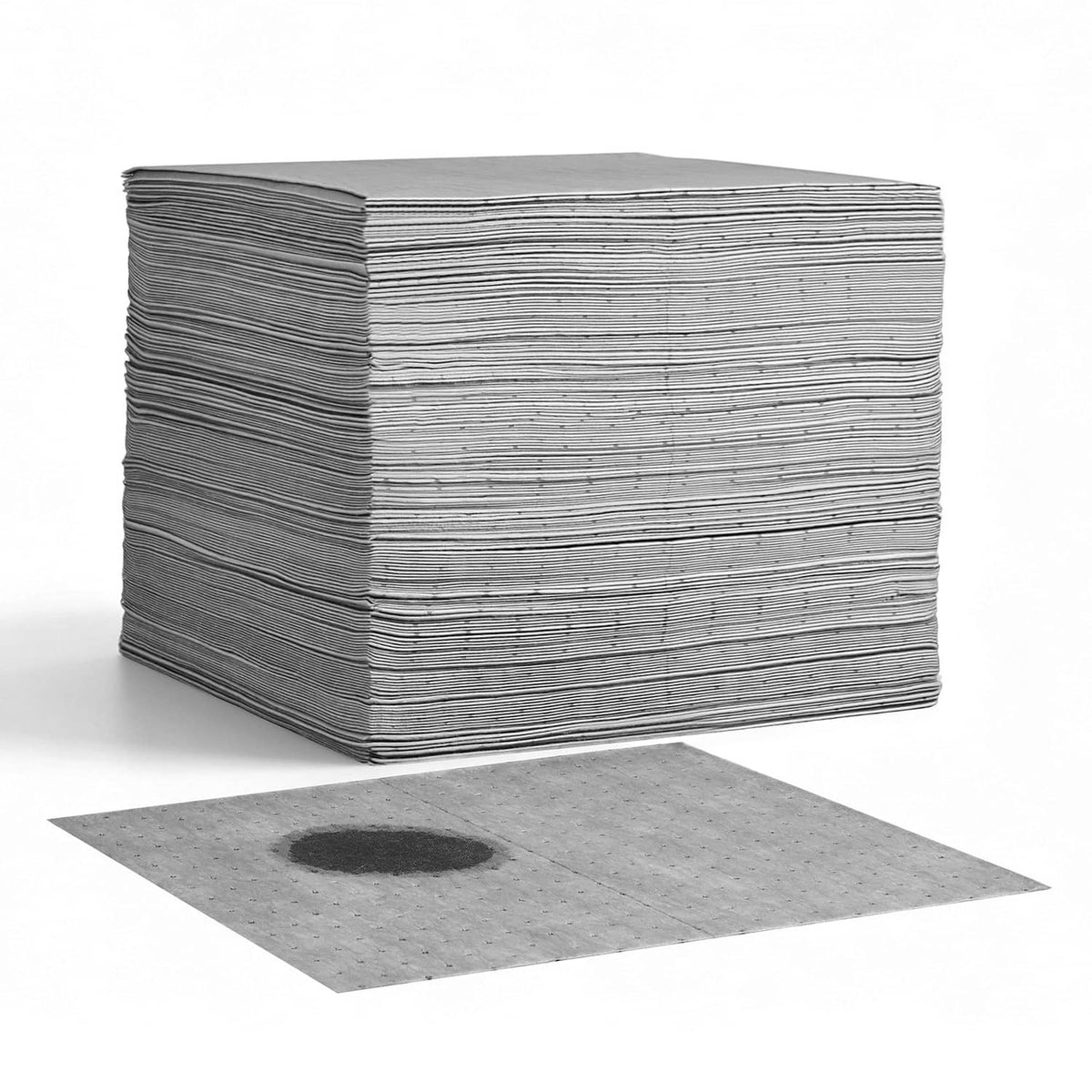 Stack of medium-duty gray oil and water absorbent cleanup pads, 16 x 18 inch size