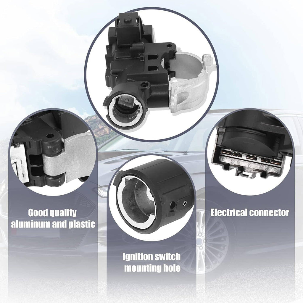 Ignition lock housing with black plastic body, circular mounting opening, connector area