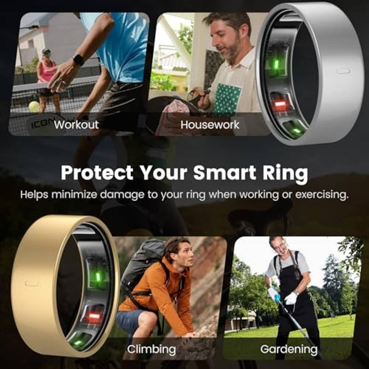 Silver and gold TPU ring covers shown on multiple activities and daily use scenes