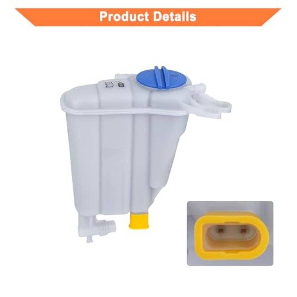 White coolant reservoir tank with blue cap, yellow outlet, and sensor connector detail.