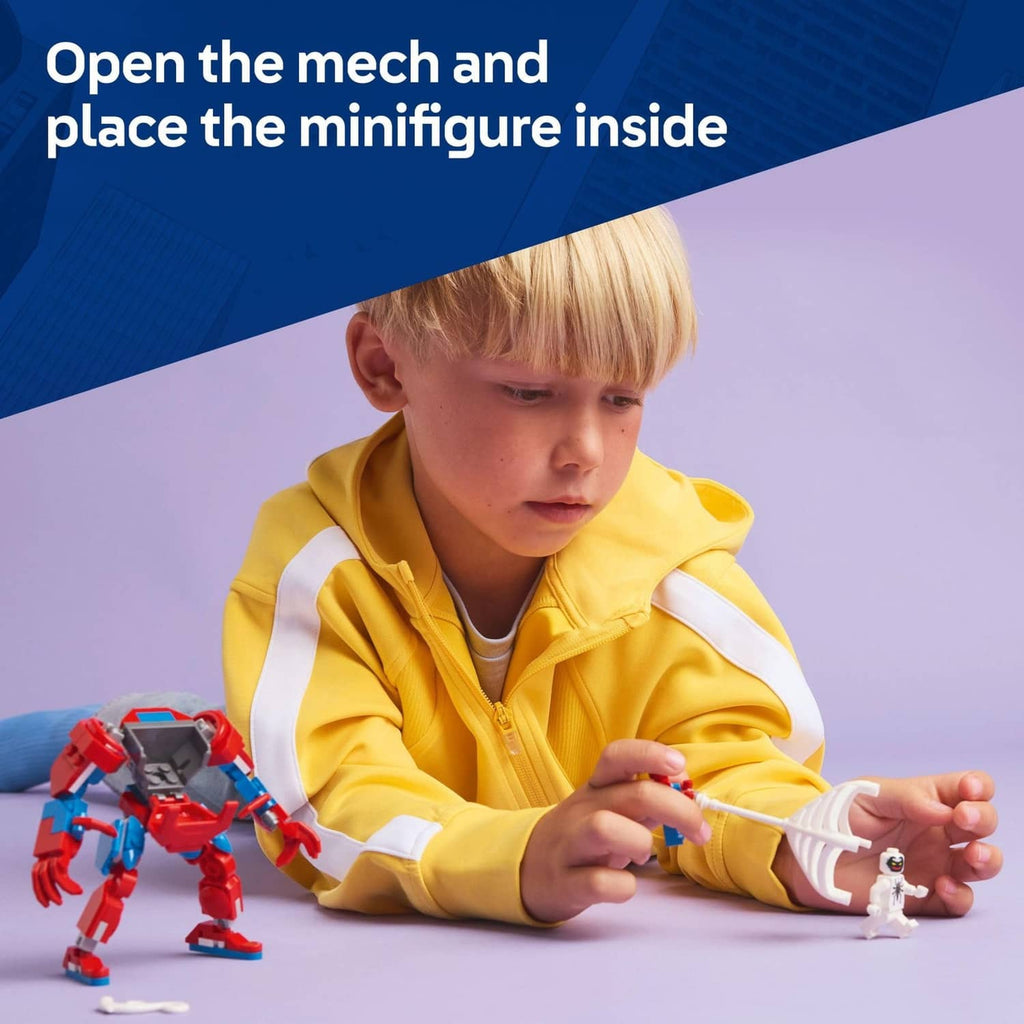 LEGO Marvel mech toy with red-blue armor and white web minifigure pieces