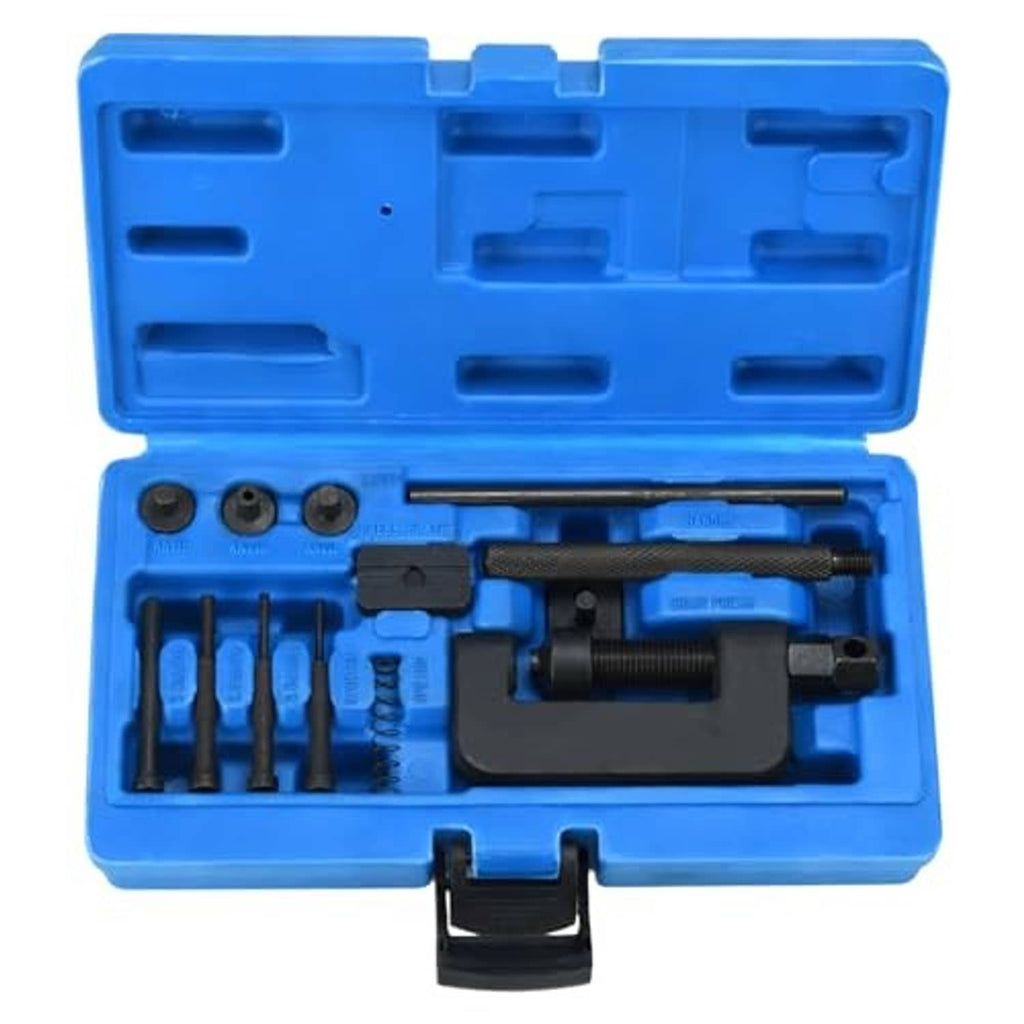 Motorcycle chain breaker tool kit in blue storage case with steel press handle and pins