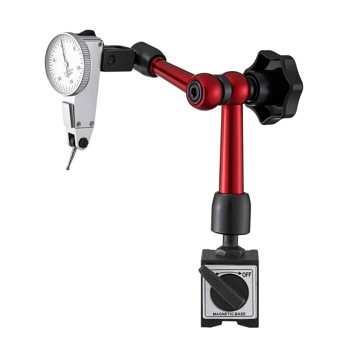 Magnetic dial test indicator tool with red arm and white round gauge dial on base