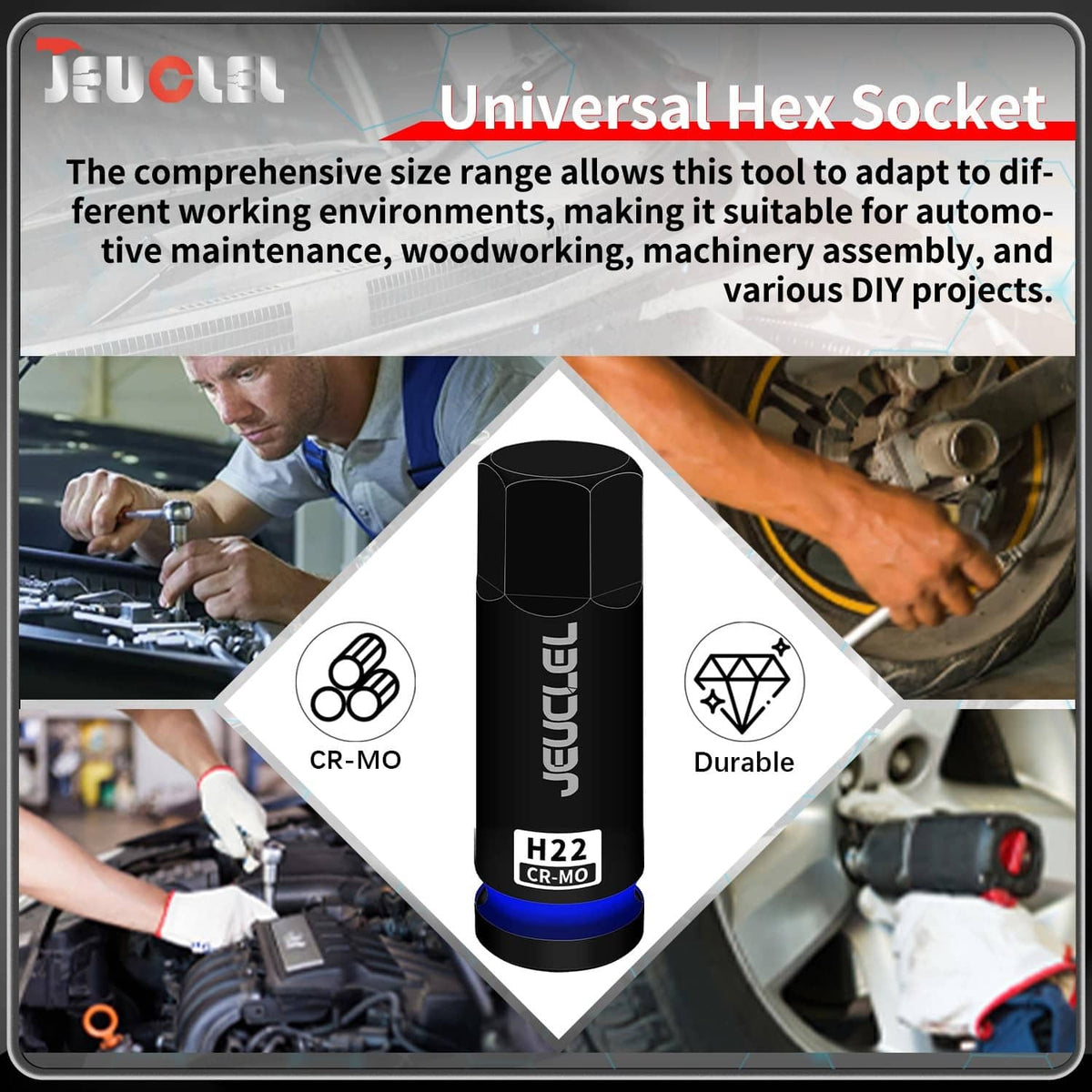 Black universal 22mm hex socket with blue ring, shown upright with hex end