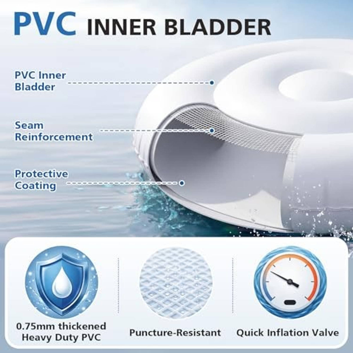 White PVC inner bladder for inflatable towable boat with reinforced seam and valve area