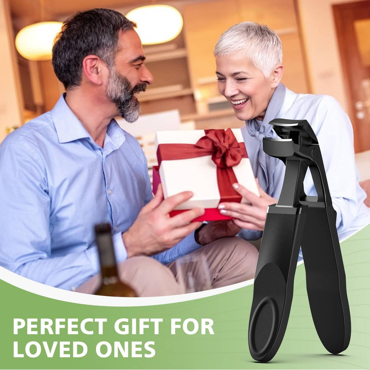 Black toenail clipper with long handle and angled head, front view