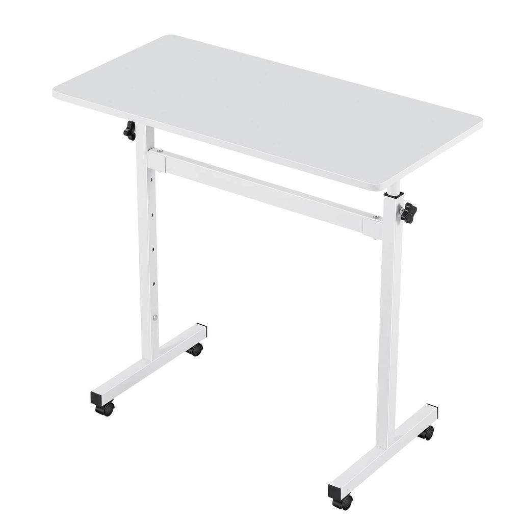 Uimoso standing desk with white tabletop and four caster wheels for easy mobility
