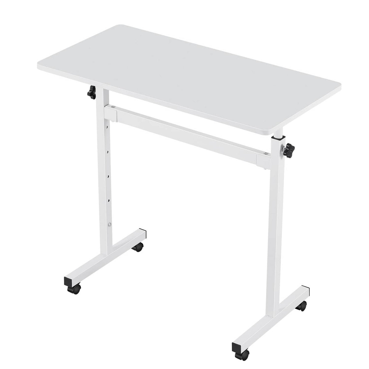 Uimoso standing desk with white tabletop and four caster wheels for easy mobility