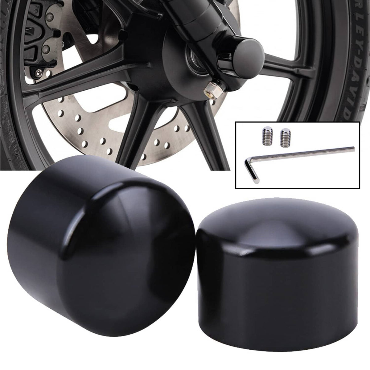 Black front axle cap nut covers with two caps and included bolts and hex key