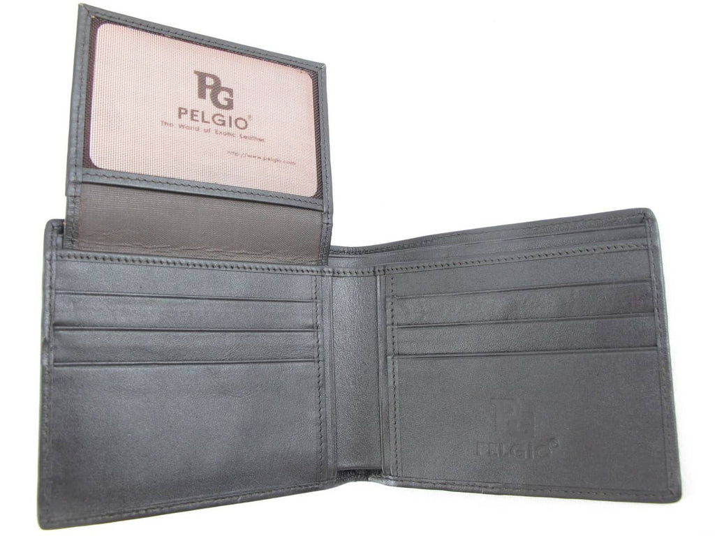 Pelgio wallet open interior showing card slots and embossed brand, chocolate brown